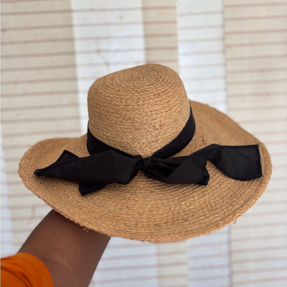 Straw Woven Wide Brim Raffia Hat With Black Ribbon